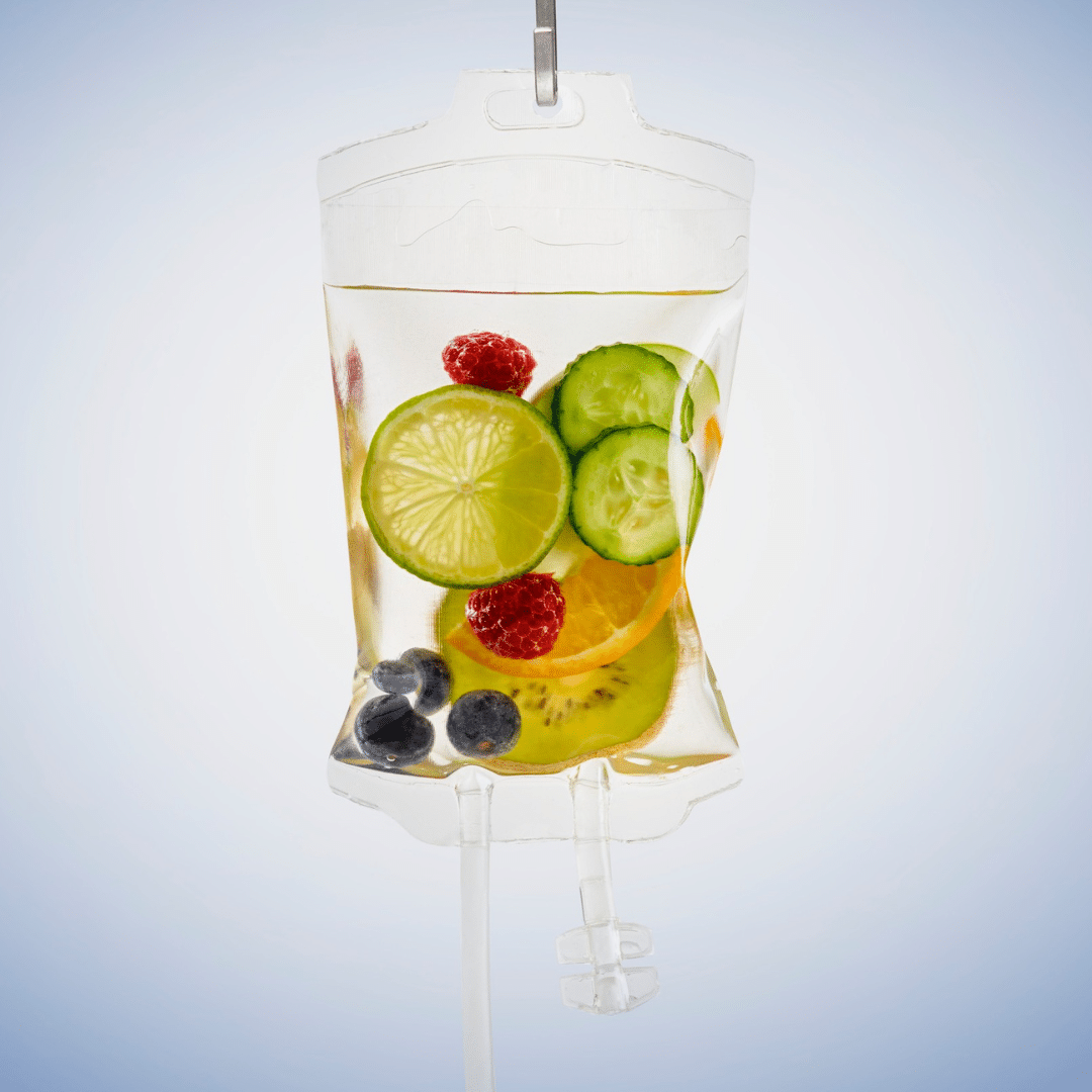 A saline bag filled with fruits